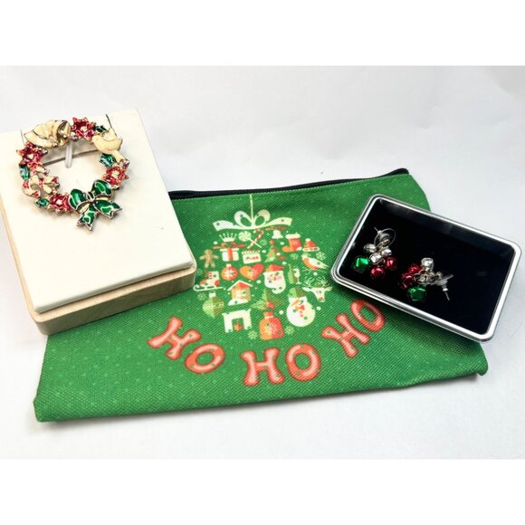 Vintage Christmas Jewelry Set Wreath Pin & Jingle Bell Earrings With Festive Gre - Picture 3 of 3